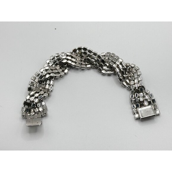 Vintage Clear Rhinestones Bracelet Braided Overlap Silver Tone Jewelry - Picture 3 of 3